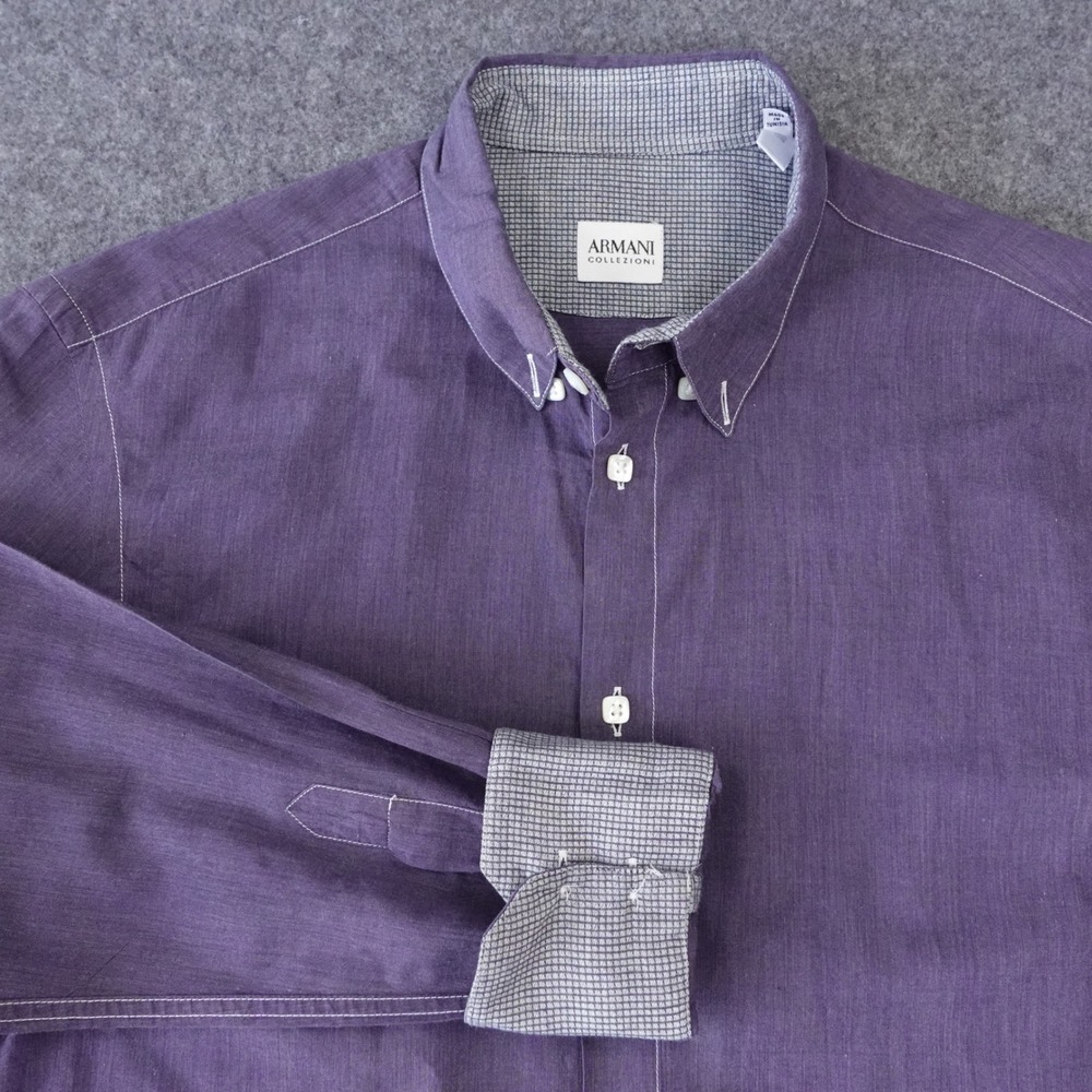 Armani Collezioni Mens Purple Cotton Slub Contrast Stitch Button Down Shirt S